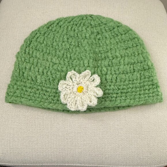 Chunky Fuzzy Crochet Hat Toque Green with White Daisy - Picture 4 of 6